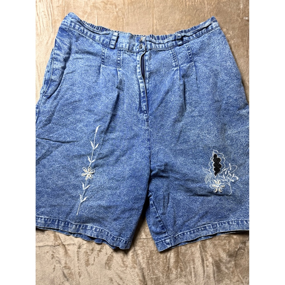 Vintage Acid Wash Floral Embroidered High Waist Denim Mom Shorts‎ Blue Women L